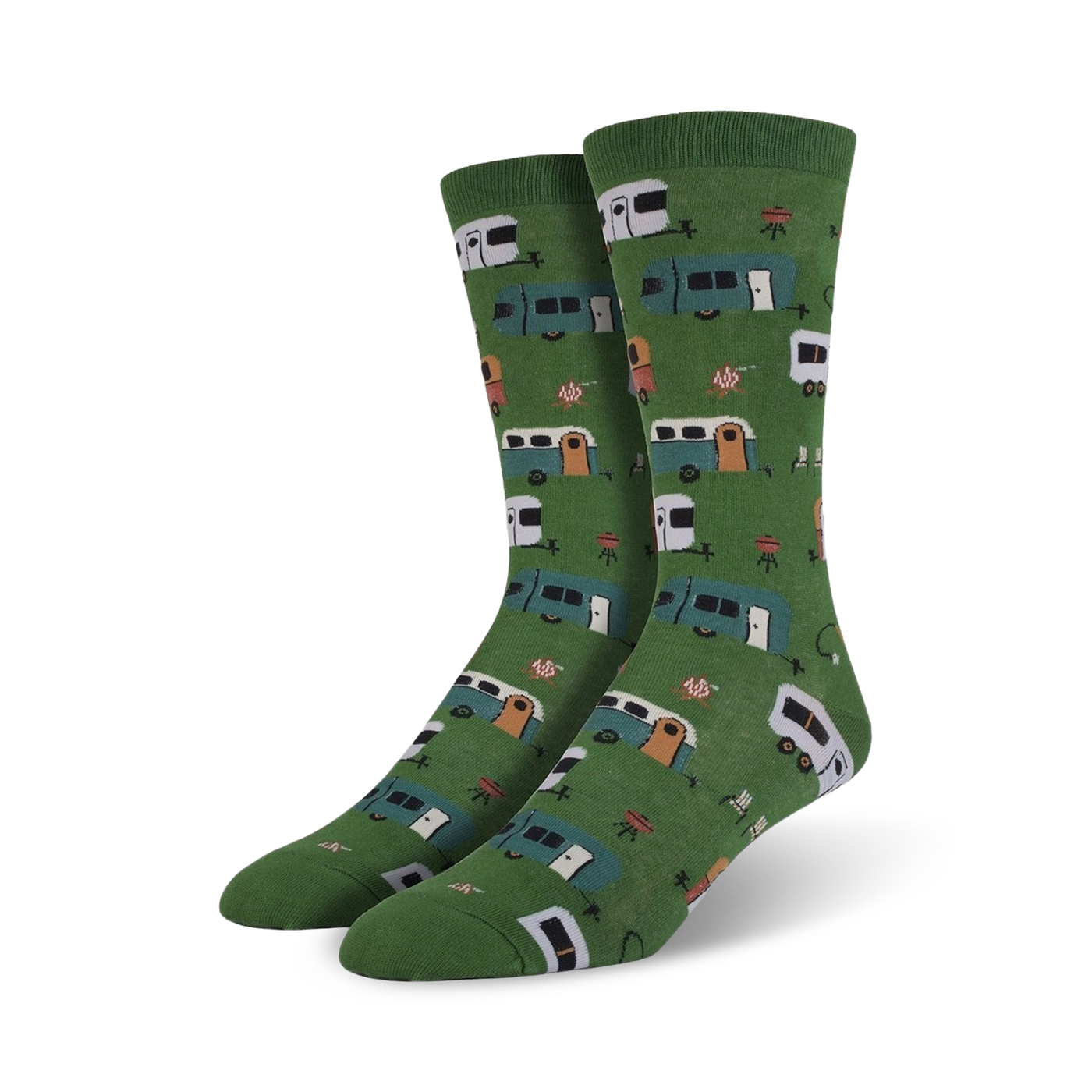Pair of green crew socks with illustrated camper vans, picnic tables, and campfires.  Fun, colorful design perfect for outdoor enthusiasts.
