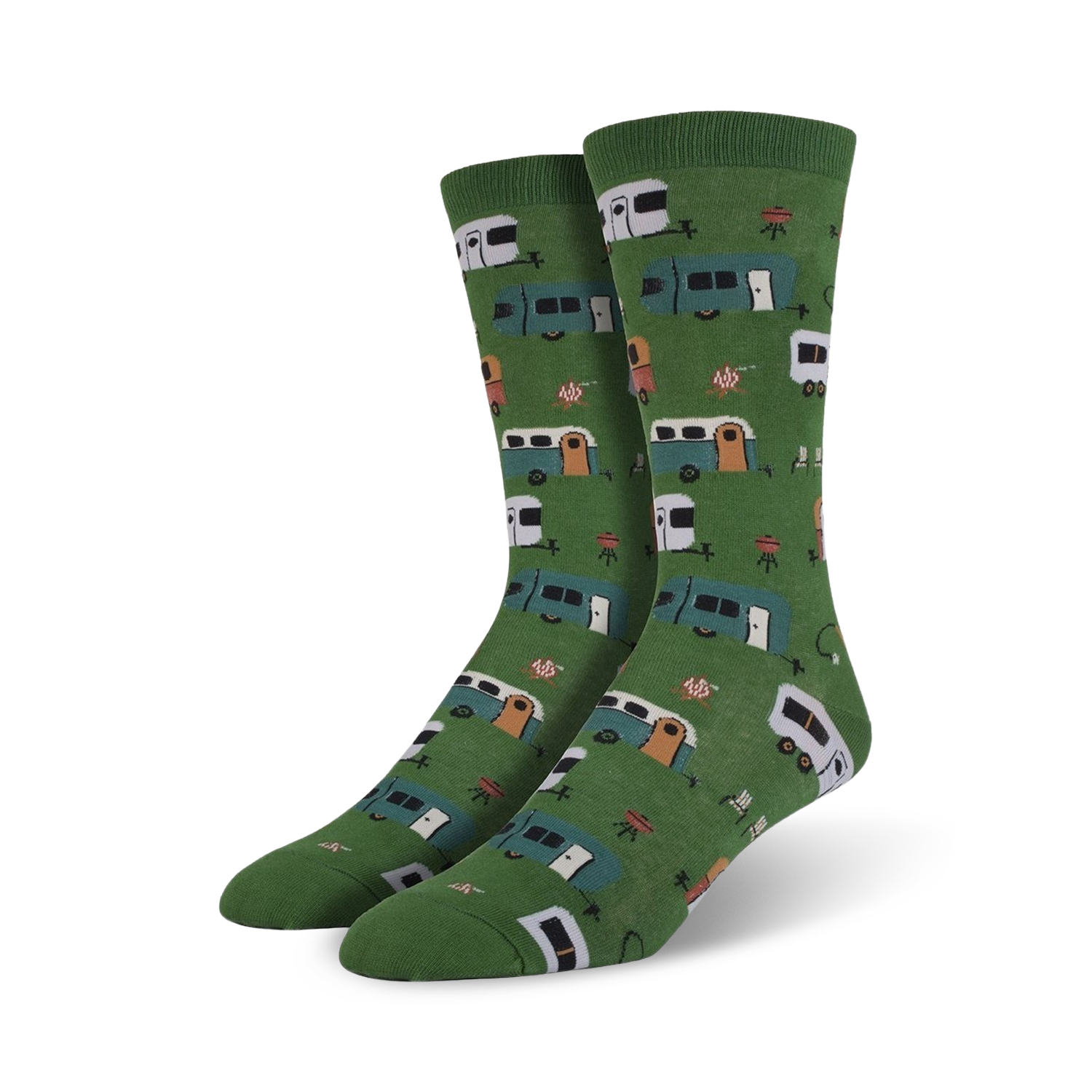 Pair of green crew socks with illustrated camper vans, picnic tables, and campfires.  Fun, colorful design perfect for outdoor enthusiasts.