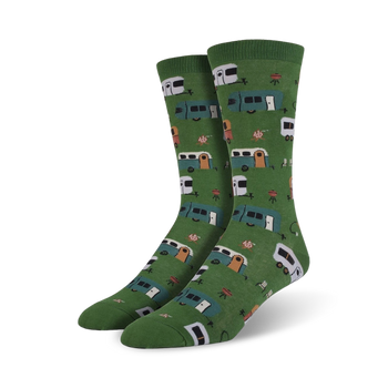 camptown men's crew socks with travel trailer pattern are a colorful throwback to getting away from it all.   