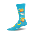 Crew socks in turquoise blue, featuring yellow rotary phones, bananas, and the words 'RING!' and 'hello?'.