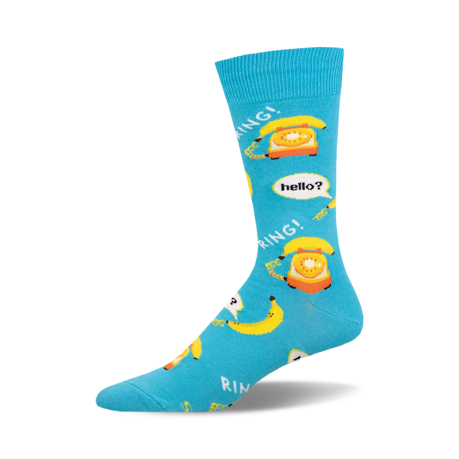 Crew socks in turquoise blue, featuring yellow rotary phones, bananas, and the words 'RING!' and 'hello?'.