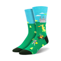 Crew socks in teal, green, and yellow.  A cartoon dragon, knights, and a castle are playfully depicted against a green field.