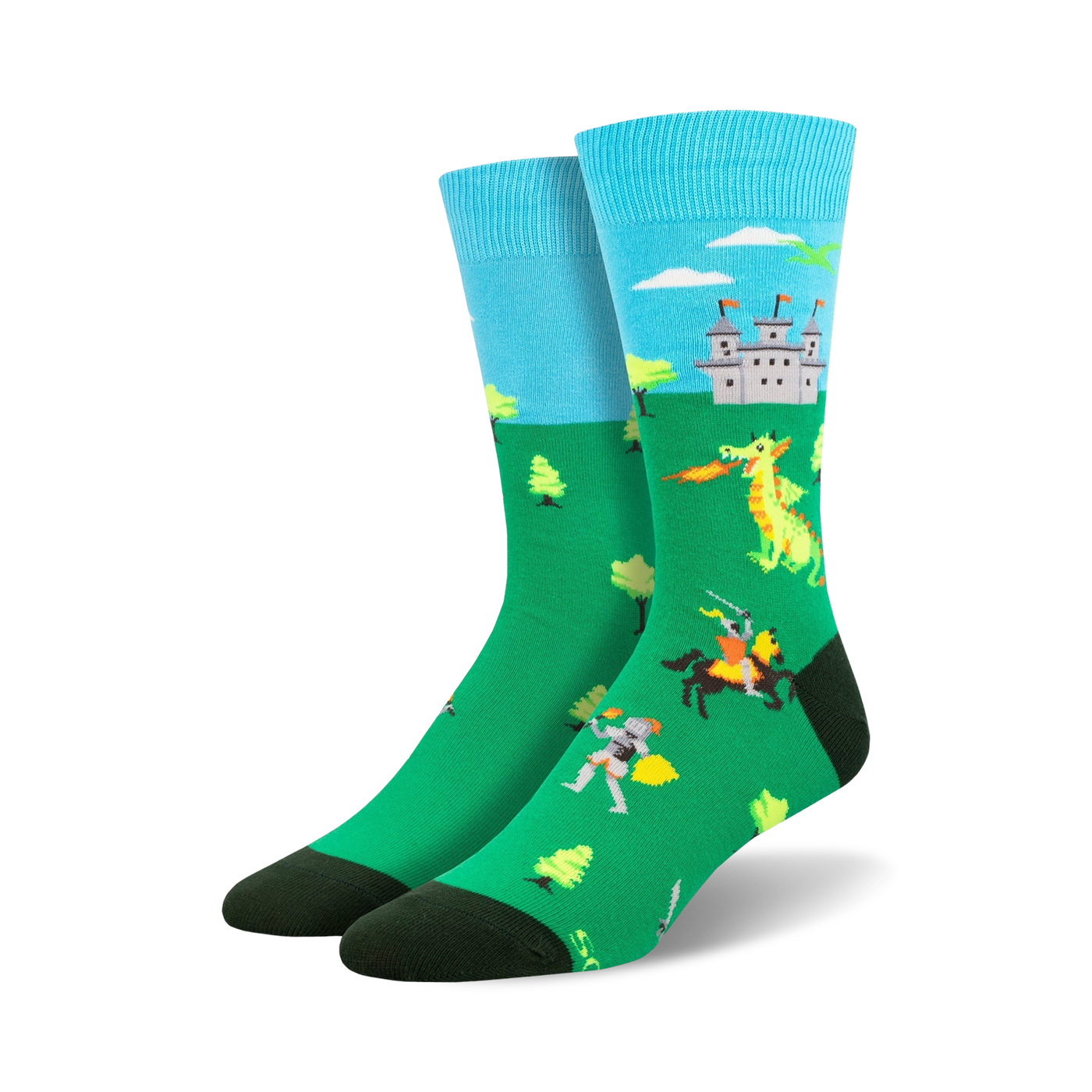 Crew socks in teal, green, and yellow.  A cartoon dragon, knights, and a castle are playfully depicted against a green field.