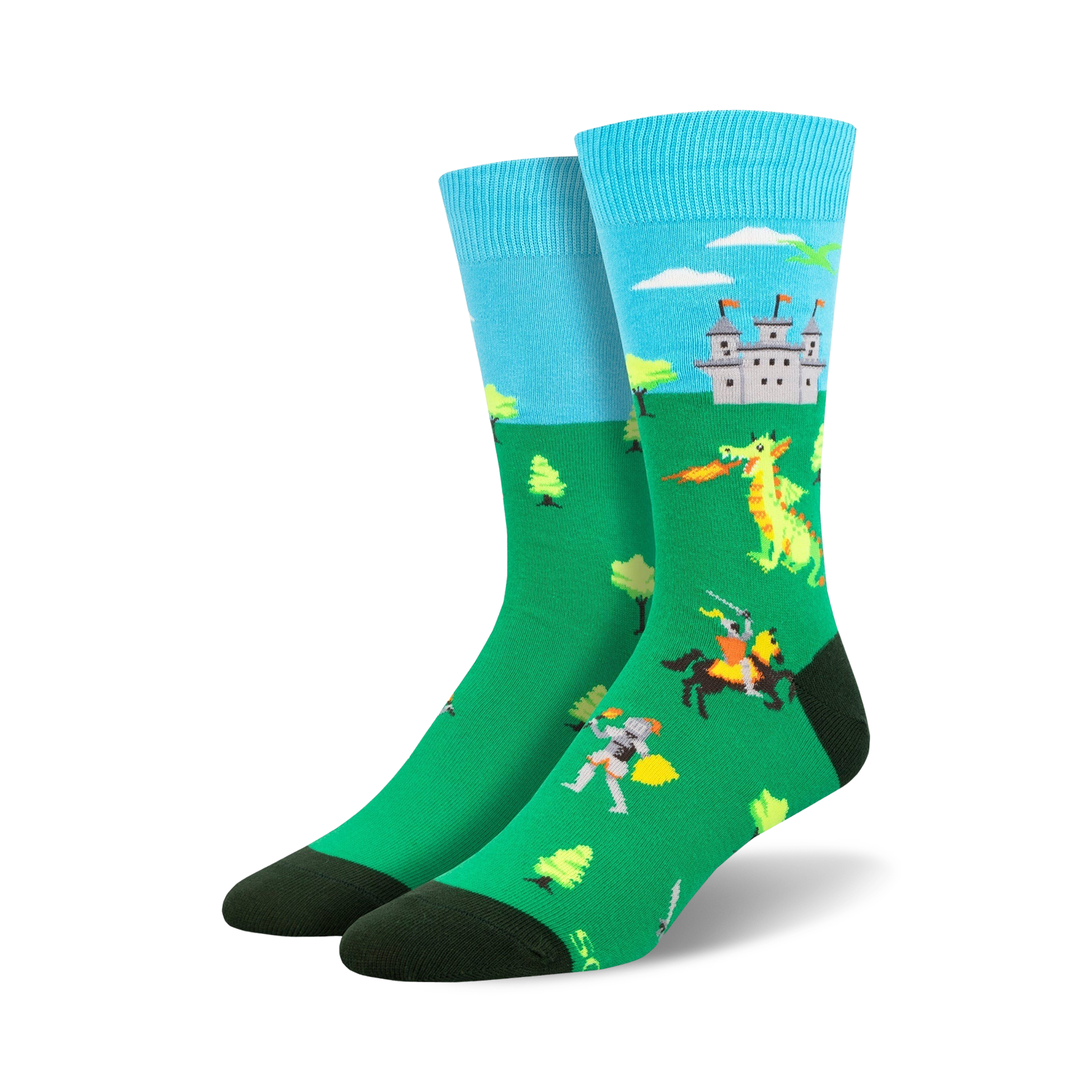 Crew socks in teal, green, and yellow.  A cartoon dragon, knights, and a castle are playfully depicted against a green field.