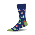 Crew socks in navy blue, featuring a pattern of green worms reading books with red and green accents. 
