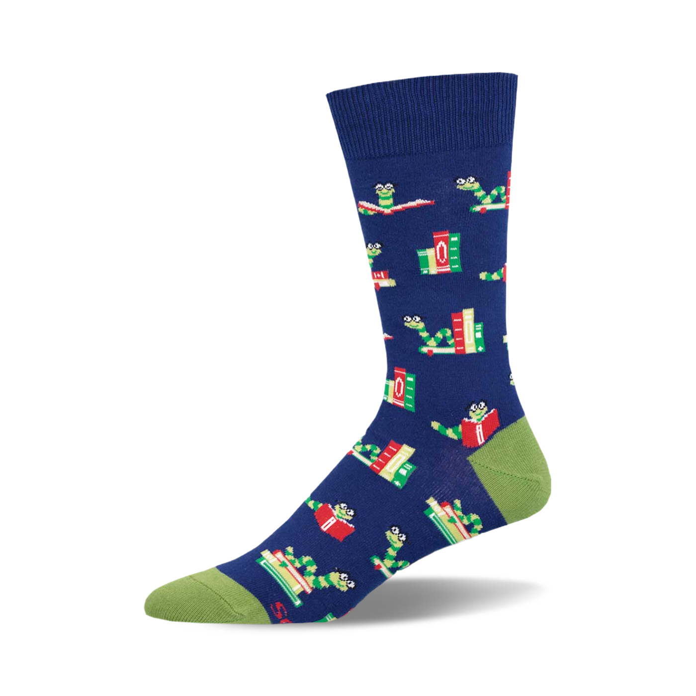 Crew socks in navy blue, featuring a pattern of green worms reading books with red and green accents. 