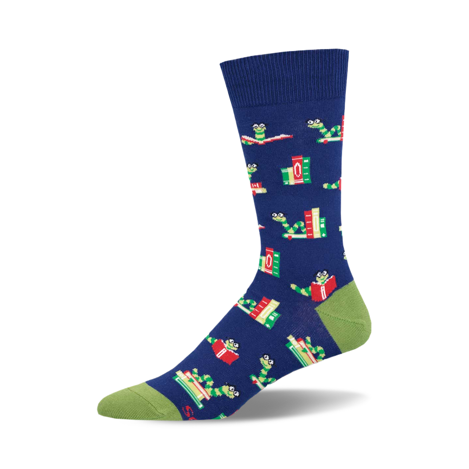 Crew socks in navy blue, featuring a pattern of green worms reading books with red and green accents. 