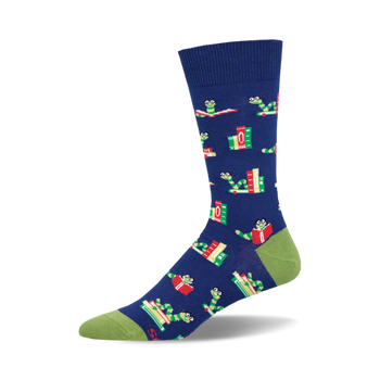 the socks have an all-over pattern of green worms wearing horn-rimmed glasses and reading books. the books are red, green and blue. socks that are blue with a green toe and heel.
