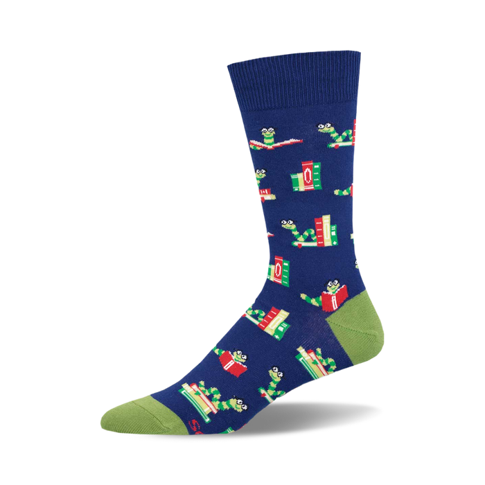 the socks have an all-over pattern of green worms wearing horn-rimmed glasses and reading books. the books are red, green and blue. socks that are blue with a green toe and heel. }}