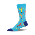 A blue crew sock with dancing inflatable tube men in yellow, orange, and red. Confetti sprinkles are scattered across the sock.