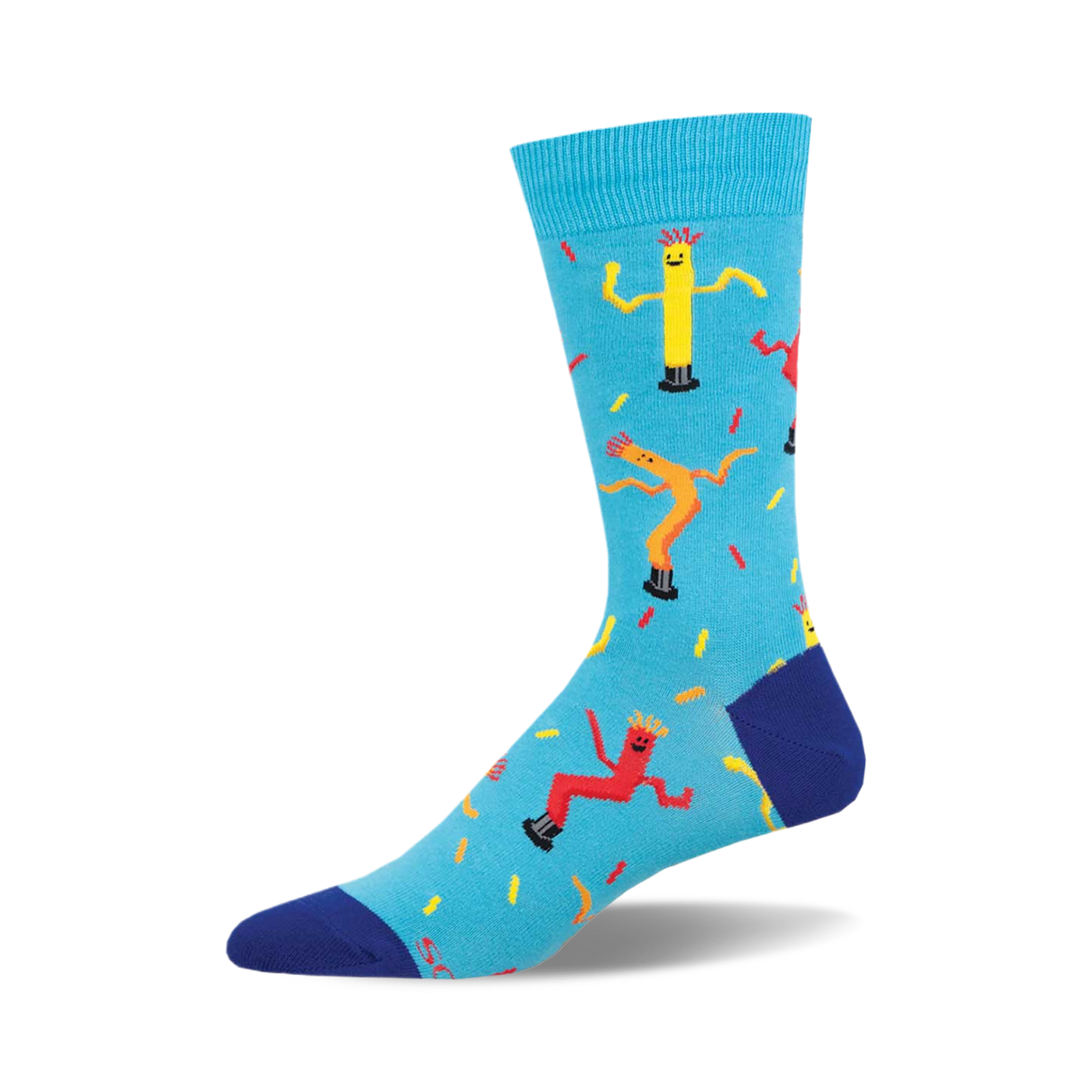 A blue crew sock with dancing inflatable tube men in yellow, orange, and red. Confetti sprinkles are scattered across the sock.