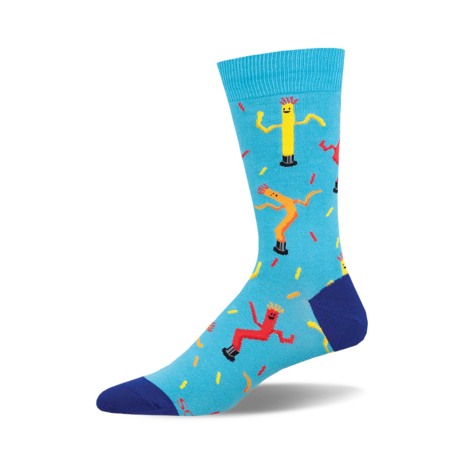 A blue crew sock with dancing inflatable tube men in yellow, orange, and red. Confetti sprinkles are scattered across the sock.