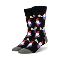 Pair of black crew socks featuring a repeating pattern of red-hatted gnomes holding beer steins.  Gnomes are blue and red against a black background.