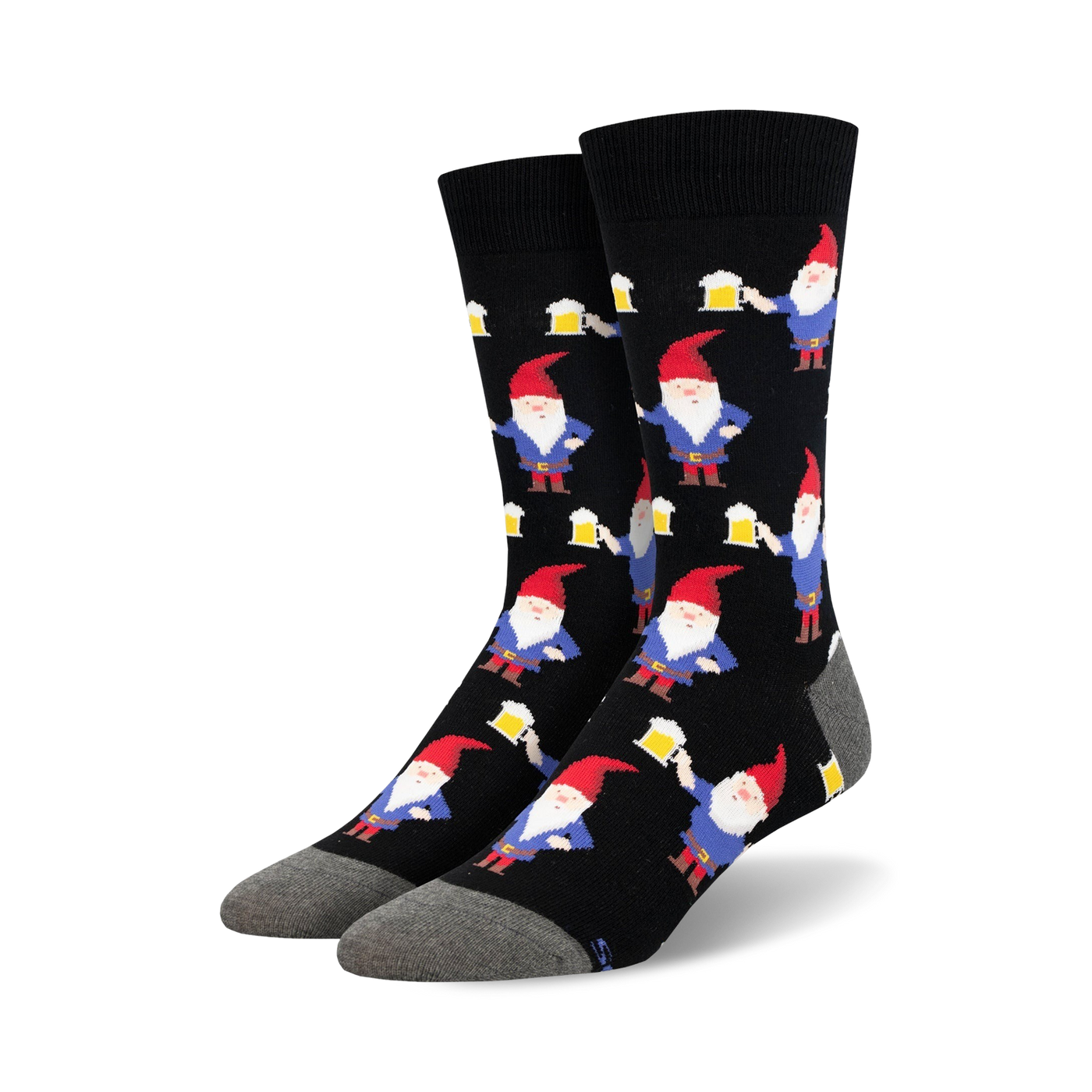 Pair of black crew socks featuring a repeating pattern of red-hatted gnomes holding beer steins.  Gnomes are blue and red against a black background.
