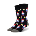Pair of black crew socks featuring a repeating pattern of red-hatted gnomes holding beer steins.  Gnomes are blue and red against a black background.