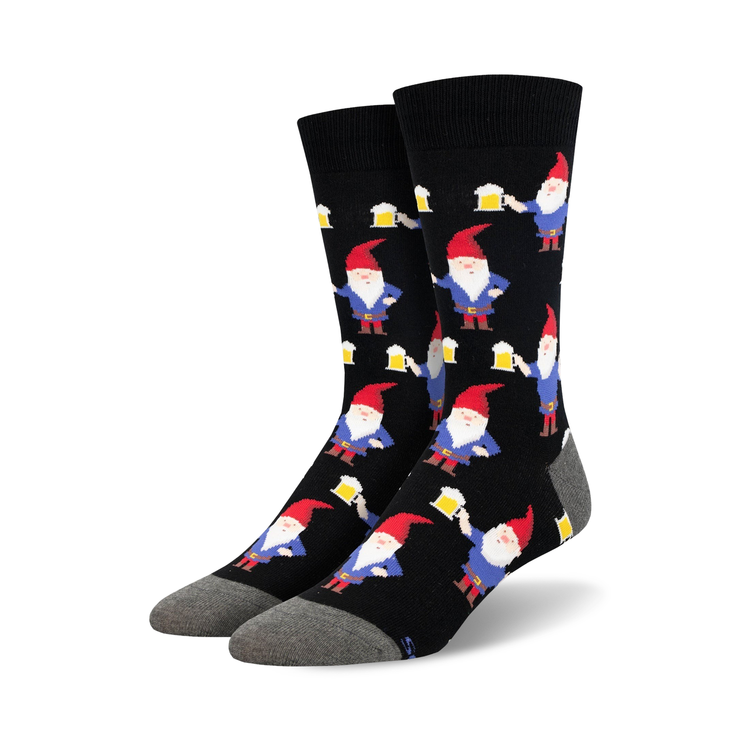 Pair of black crew socks featuring a repeating pattern of red-hatted gnomes holding beer steins.  Gnomes are blue and red against a black background.