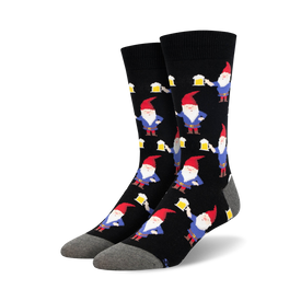 black crew socks with red hatted gnomes holding beer mugs.  