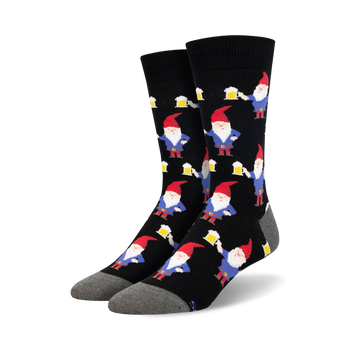 black crew socks with red hatted gnomes holding beer mugs.  