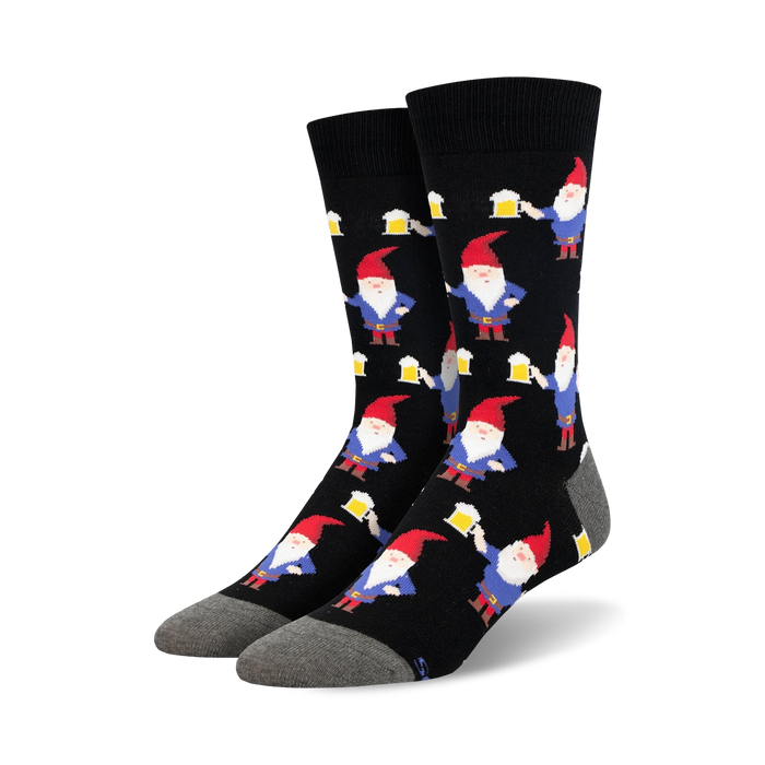 black crew socks with red hatted gnomes holding beer mugs.   }}