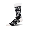 Black crew socks with a white musical note and treble clef design.  Comfortable and stylish for everyday wear.