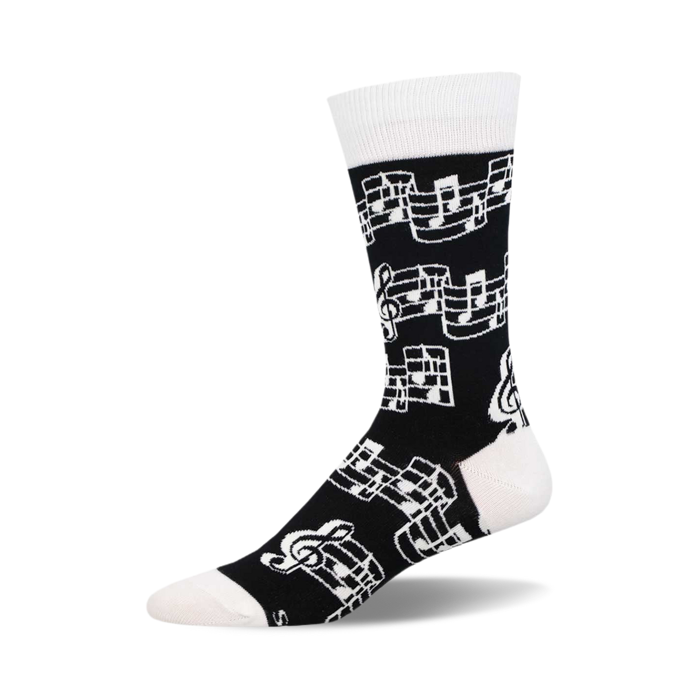 Black crew socks with a white musical note and treble clef design.  Comfortable and stylish for everyday wear.