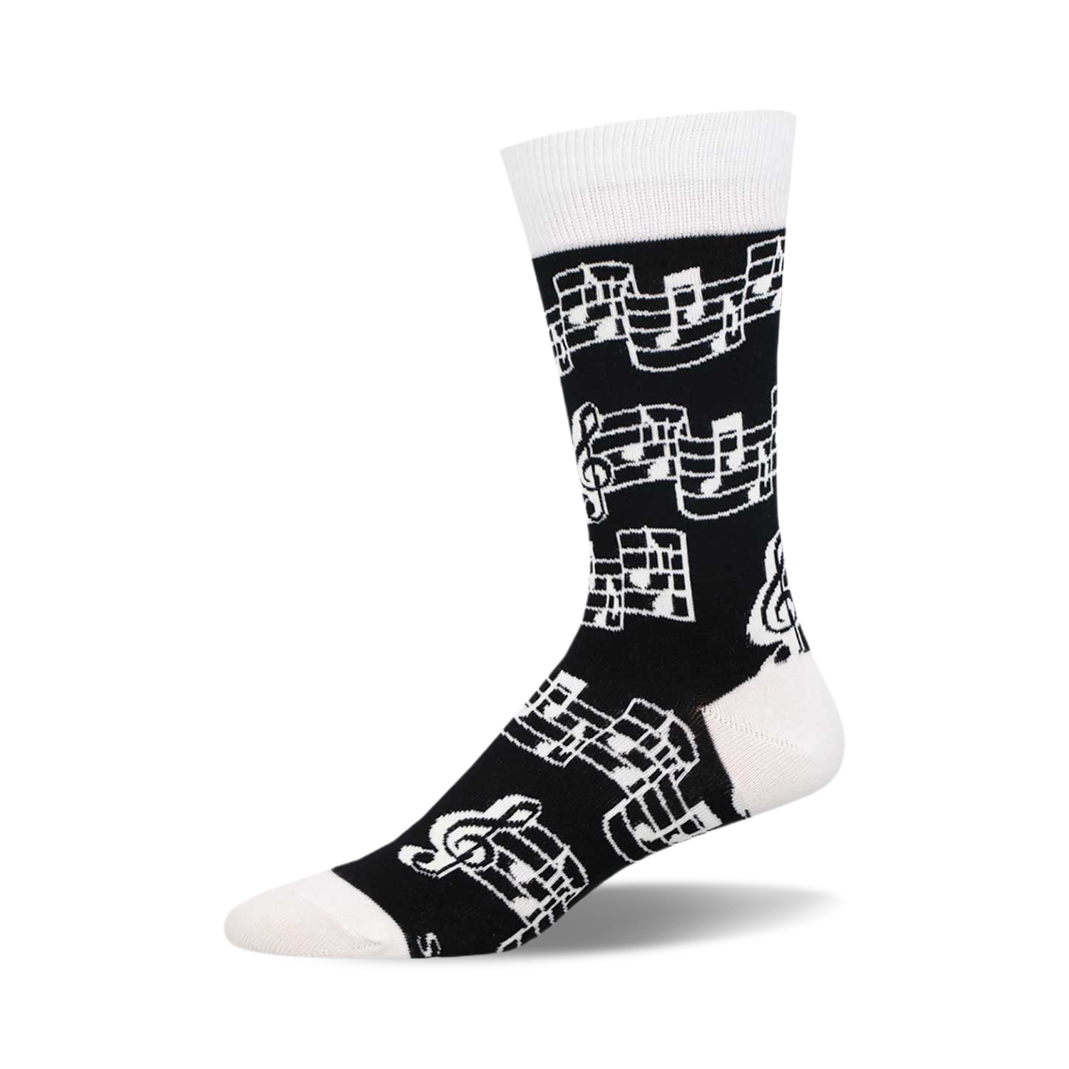 Black crew socks with a white musical note and treble clef design.  Comfortable and stylish for everyday wear.