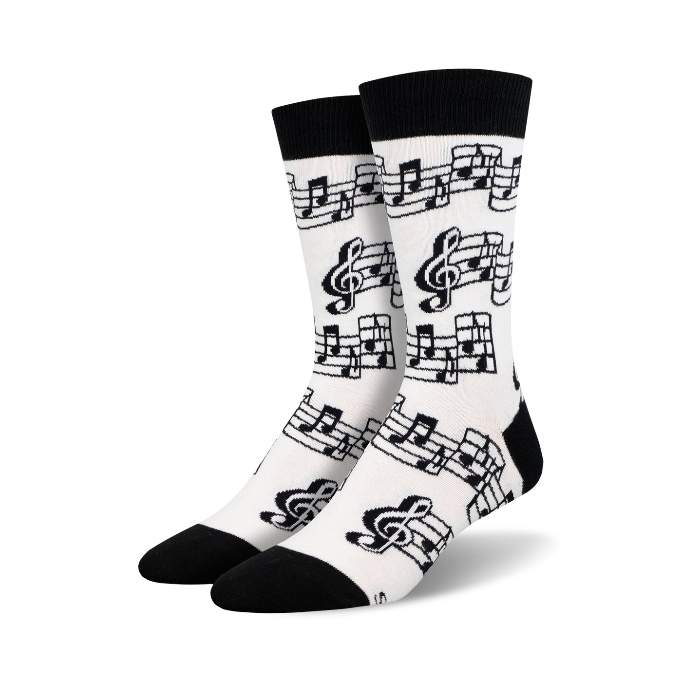 Pair of crew socks in white with a black musical note and clef design. Black cuffs.