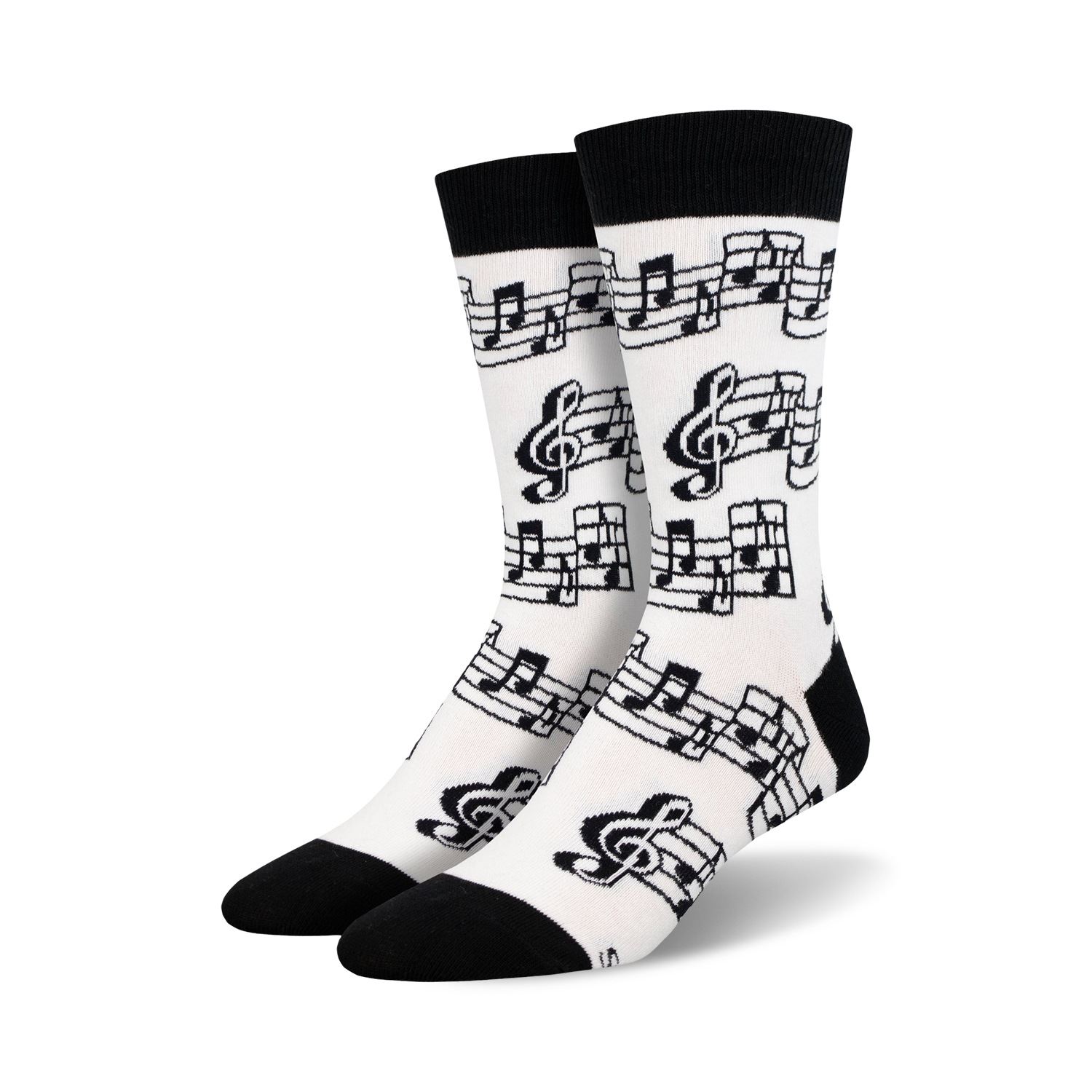 Pair of crew socks in white with a black musical note and clef design. Black cuffs.
