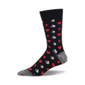 Black crew socks with a pattern of red and gray playing card suits.  A stylish and fun addition to any wardrobe.