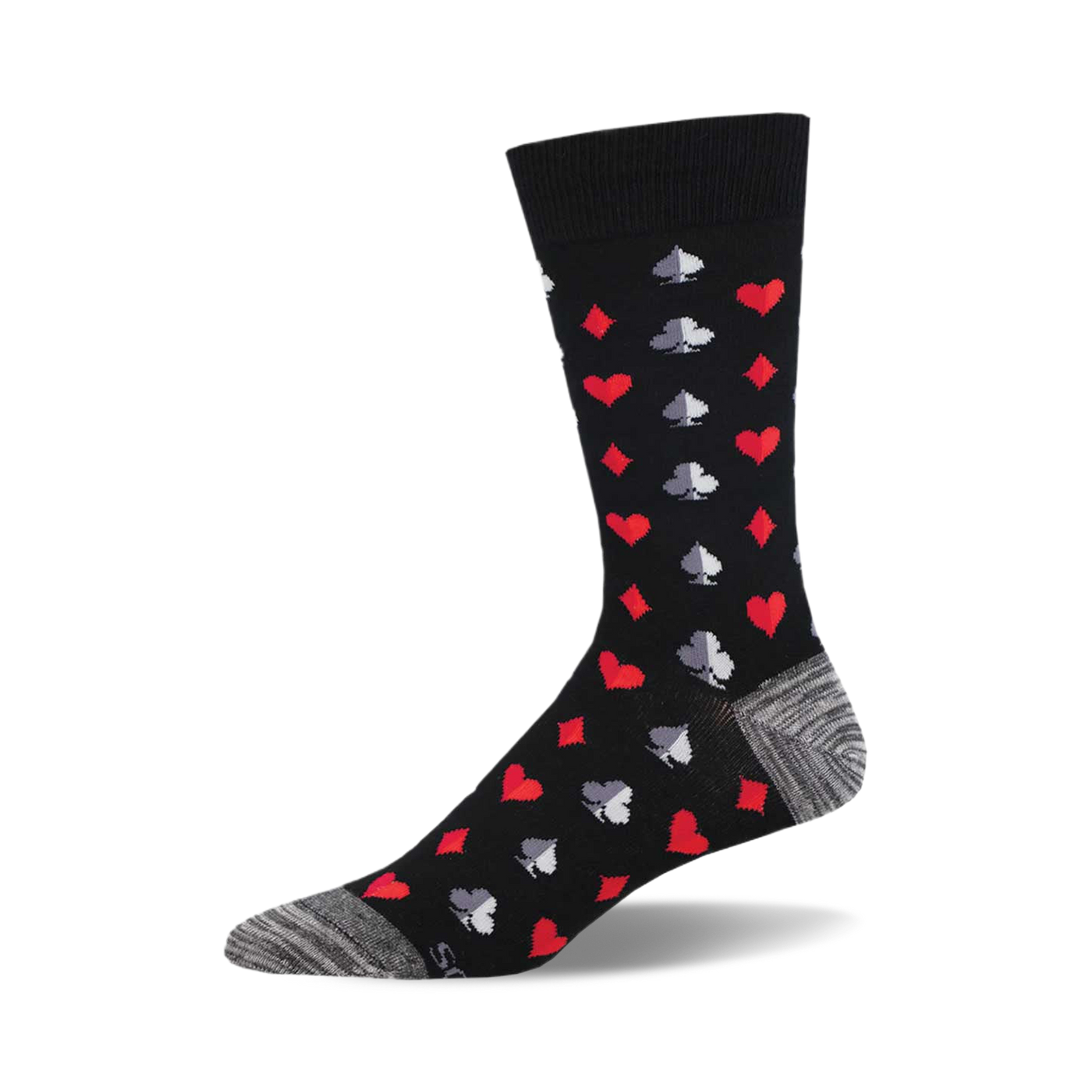 Black crew socks with a pattern of red and gray playing card suits.  A stylish and fun addition to any wardrobe.