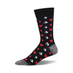 Black crew socks with a pattern of red and gray playing card suits.  A stylish and fun addition to any wardrobe.