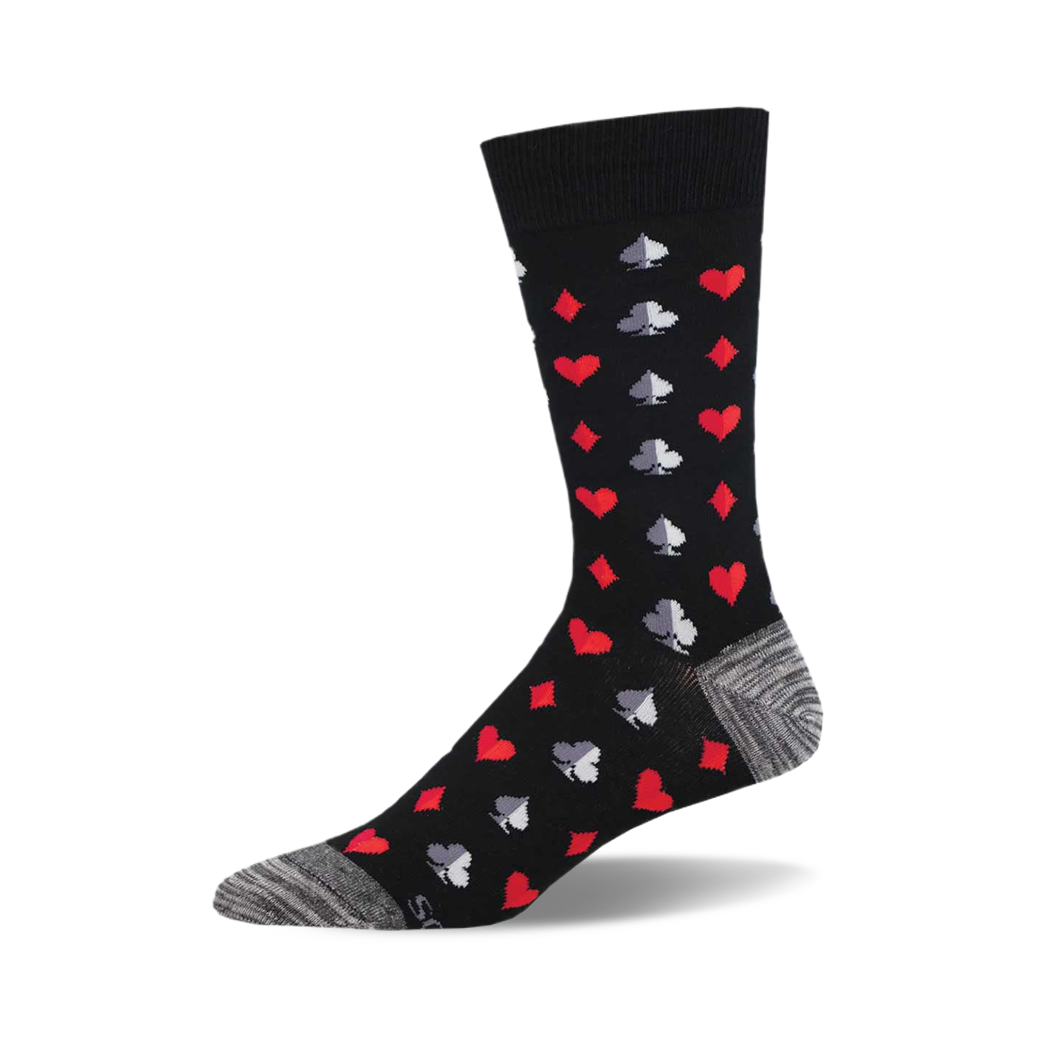Black crew socks with a pattern of red and gray playing card suits.  A stylish and fun addition to any wardrobe.
