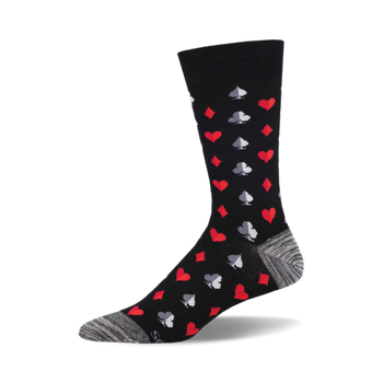 Black crew socks with a pattern of red and gray playing card suits.  A stylish and fun addition to any wardrobe.