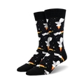 Pair of black crew socks with a fun design. Toilets with rocket flames are printed against a black background with orange and yellow accents.