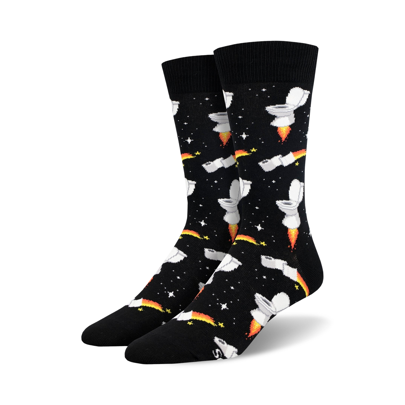 Pair of black crew socks with a fun design. Toilets with rocket flames are printed against a black background with orange and yellow accents.