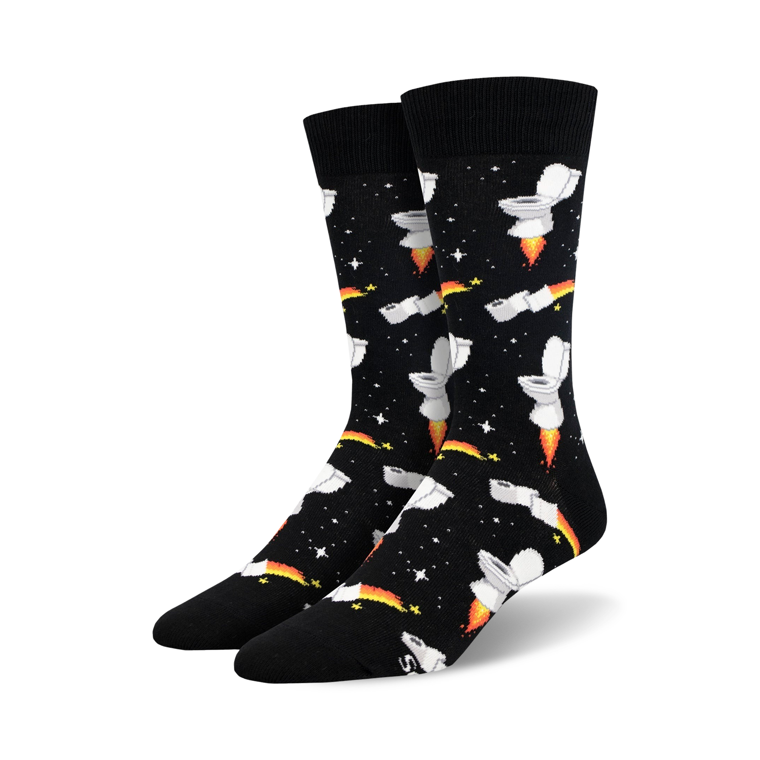 Pair of black crew socks with a fun design. Toilets with rocket flames are printed against a black background with orange and yellow accents.