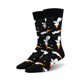 black men's crew socks with pattern of white rockets with toilet paper flames, stars and rainbows.  