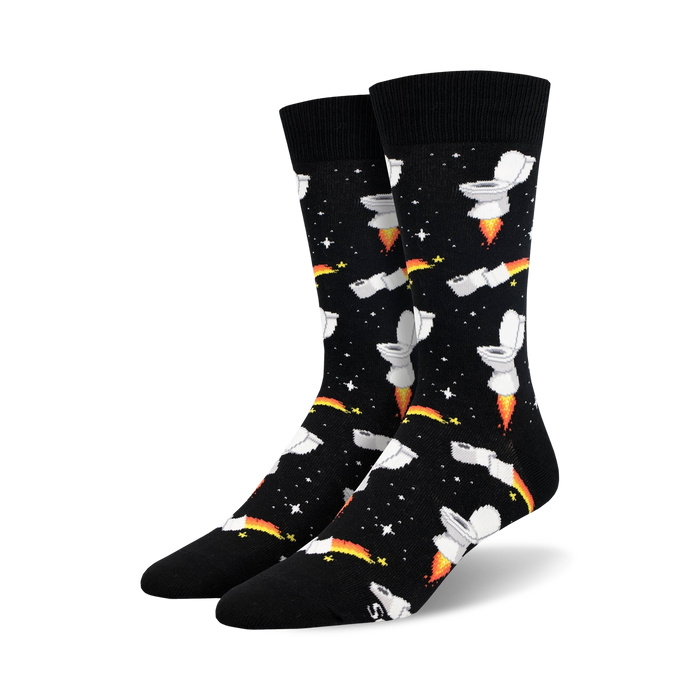 black men's crew socks with pattern of white rockets with toilet paper flames, stars and rainbows.   }}