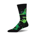 Crew socks in black with a fun design of green dinosaurs floating in space inside bubbles.