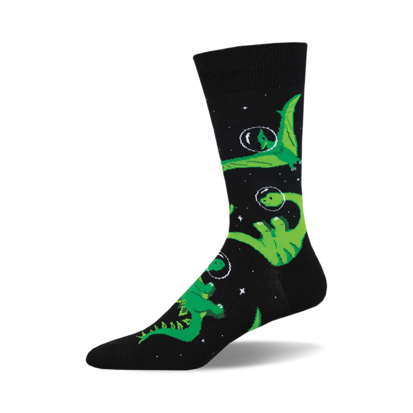 Crew socks in black with a fun design of green dinosaurs floating in space inside bubbles.