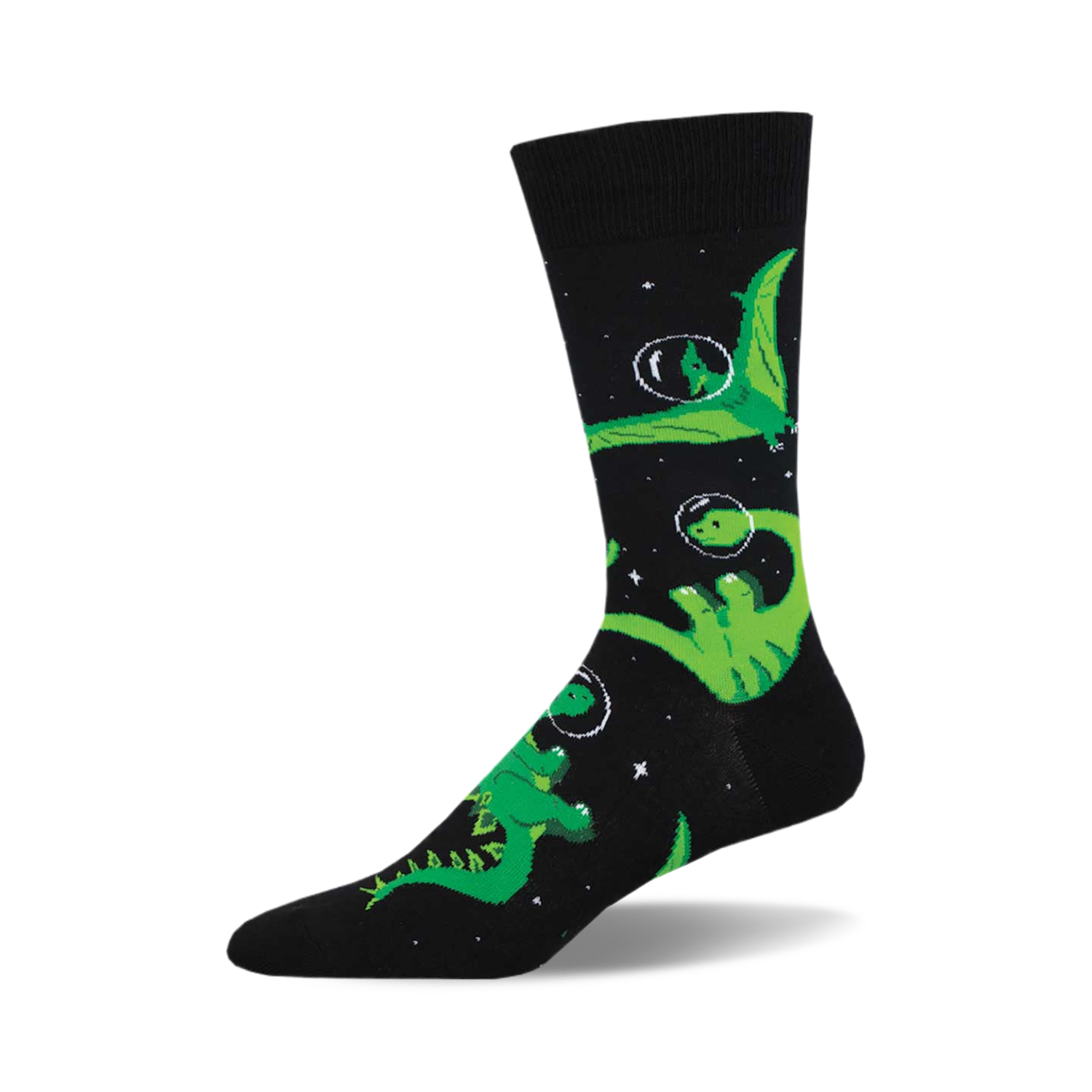 Crew socks in black with a fun design of green dinosaurs floating in space inside bubbles.