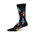 Crew socks in black with colorful rockets and stars. Fun, playful design perfect for space enthusiasts.