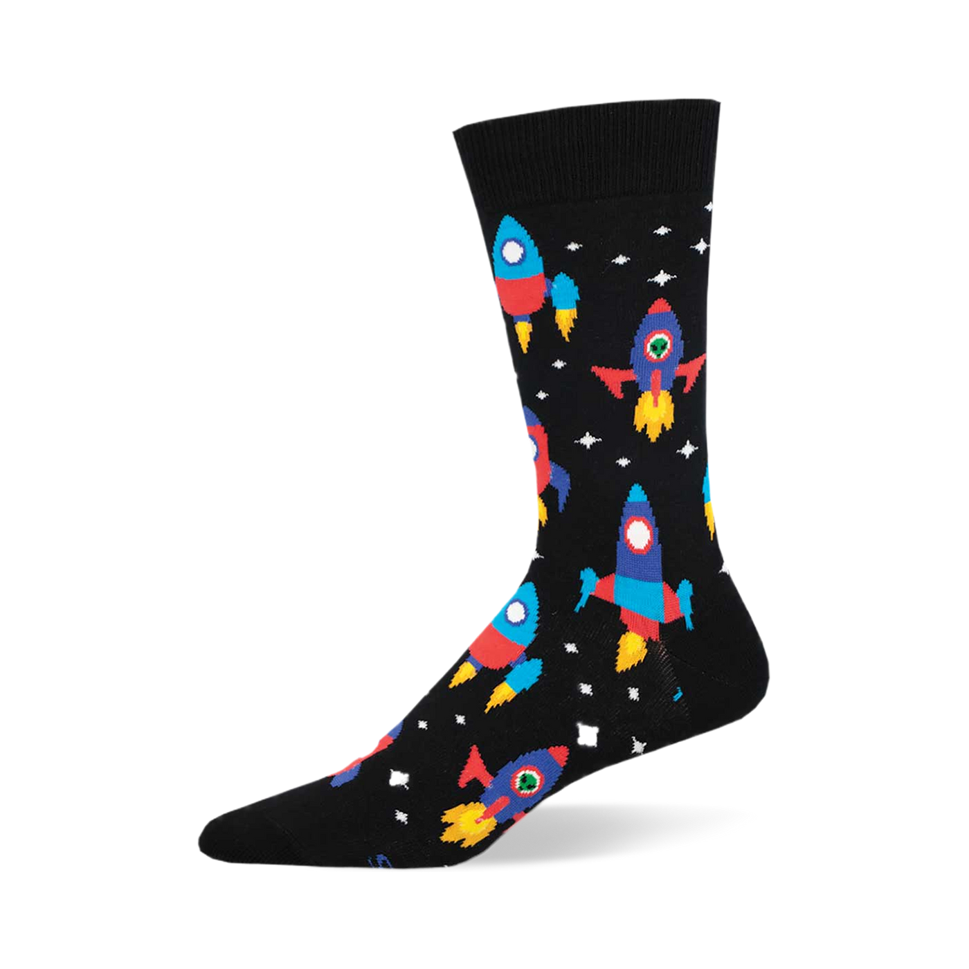 Crew socks in black with colorful rockets and stars. Fun, playful design perfect for space enthusiasts.