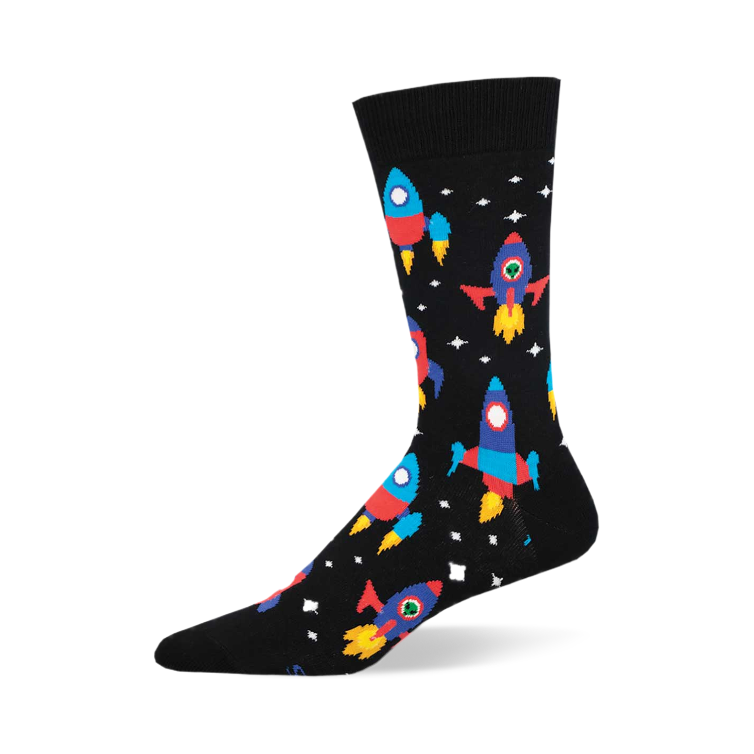 Crew socks in black with colorful rockets and stars. Fun, playful design perfect for space enthusiasts.