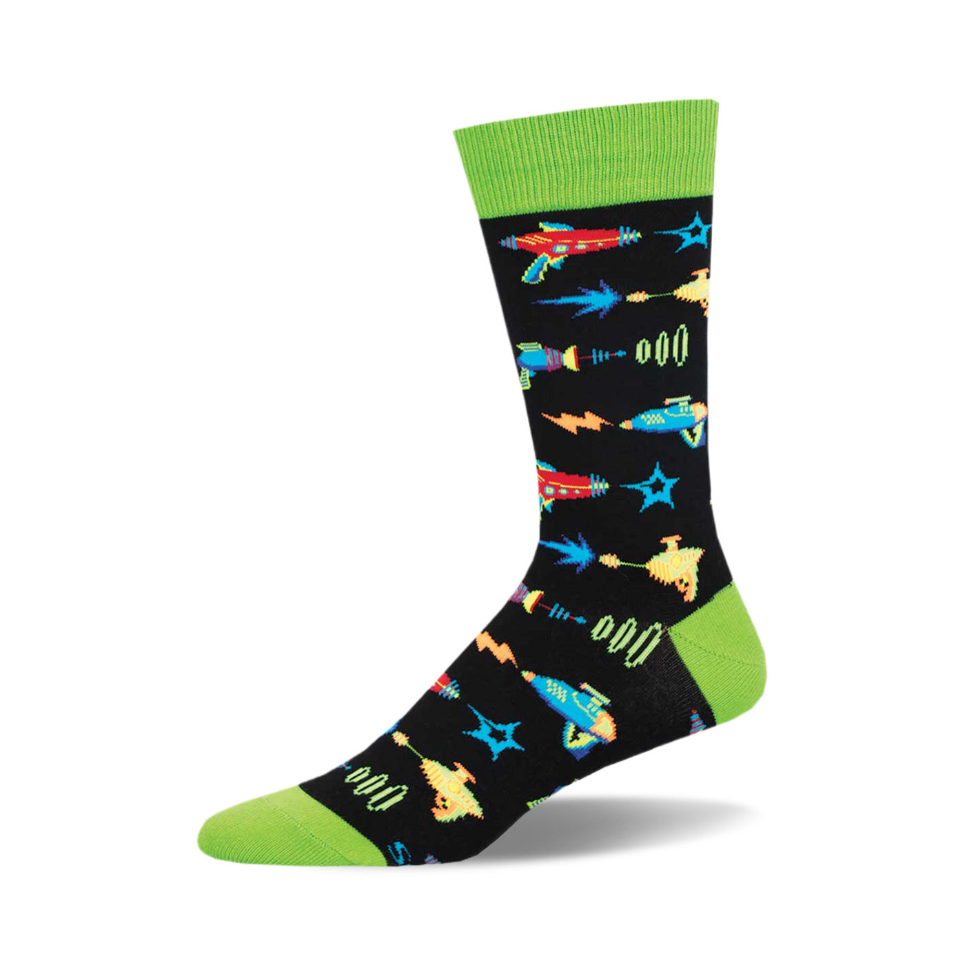 Crew socks in black with a lime green cuff. The design features colorful retro ray guns, lightning bolts, and stars.