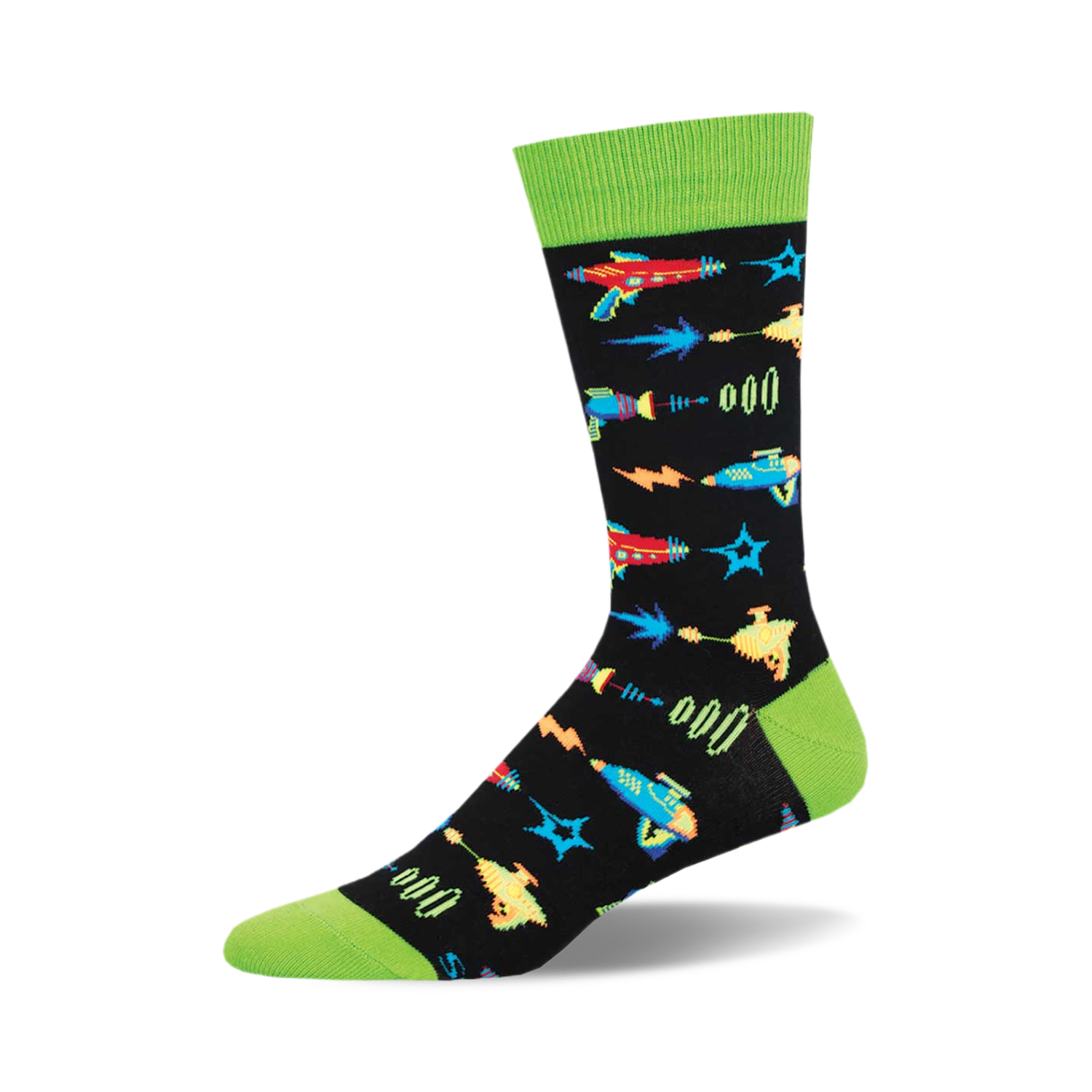 Crew socks in black with a lime green cuff. The design features colorful retro ray guns, lightning bolts, and stars.