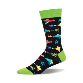 socks that are black with a pattern of colorful pixelated ray guns. the ray guns are in different colors, including red, blue, yellow, and green. socks with a green cuff at the top.