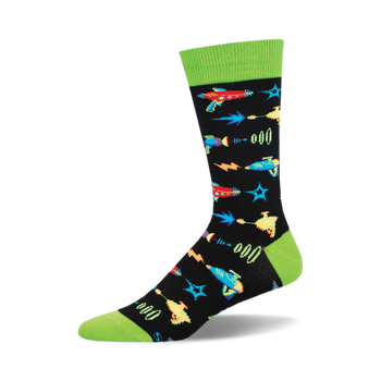socks that are black with a pattern of colorful pixelated ray guns. the ray guns are in different colors, including red, blue, yellow, and green. socks with a green cuff at the top.