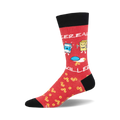 Red crew socks with a black cuff.  The design features cartoon cereal and milk characters fighting, along with cereal pieces scattered on the sock.
