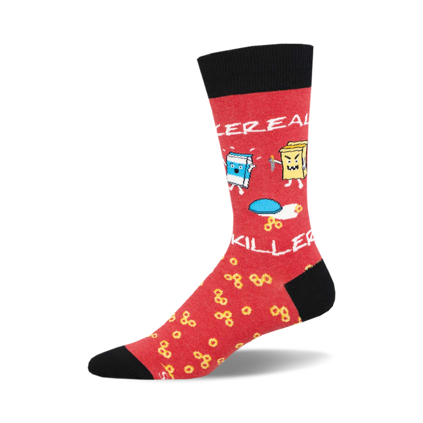Red crew socks with a black cuff.  The design features cartoon cereal and milk characters fighting, along with cereal pieces scattered on the sock.